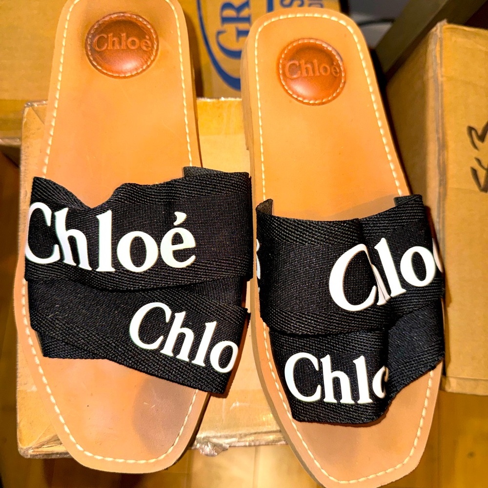 Chloe Woody Logo Print Canvas Slide